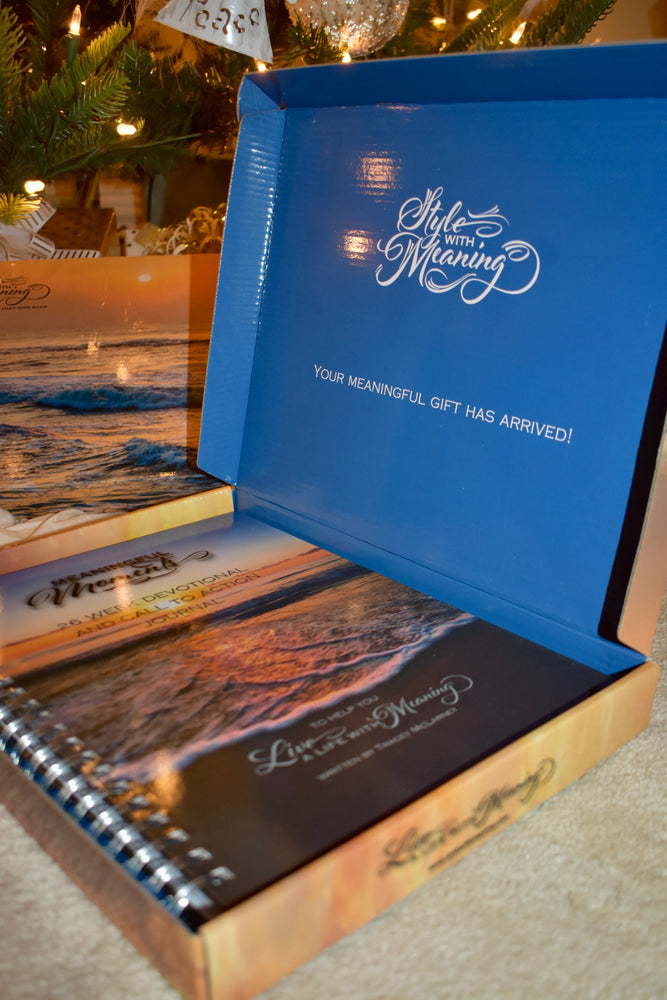 Blue gift box with 'Life a Life With Meaning' branding and text, set against a Christmas tree.