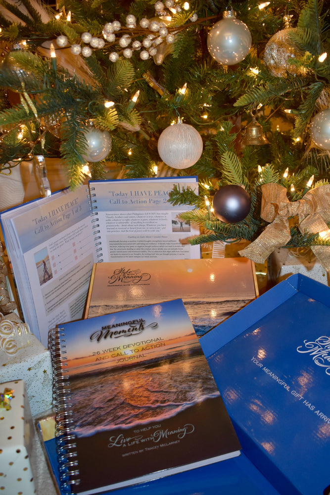 Holiday scene with Christmas tree, gift books, and a box on a table.