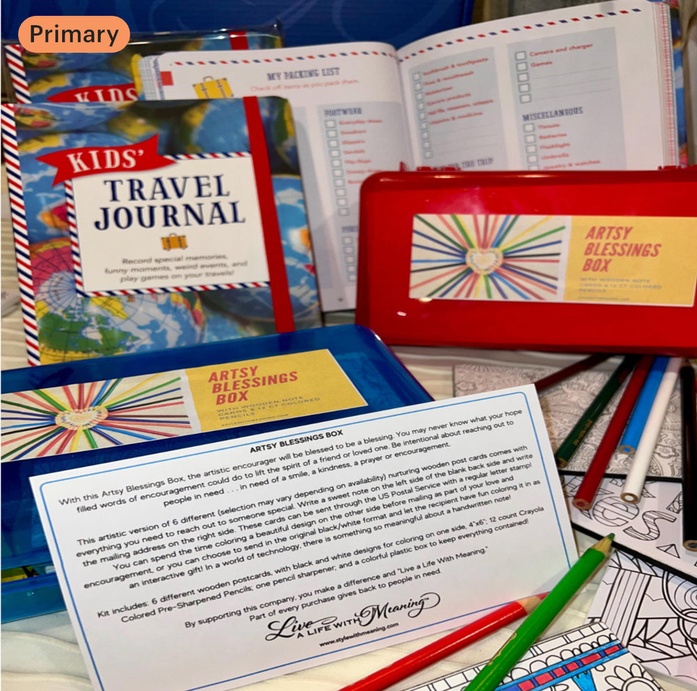 Kids Travel Adventure Journal & Artsy Blessings Box Gift Set with Wooden Postcards and Colored Pencils