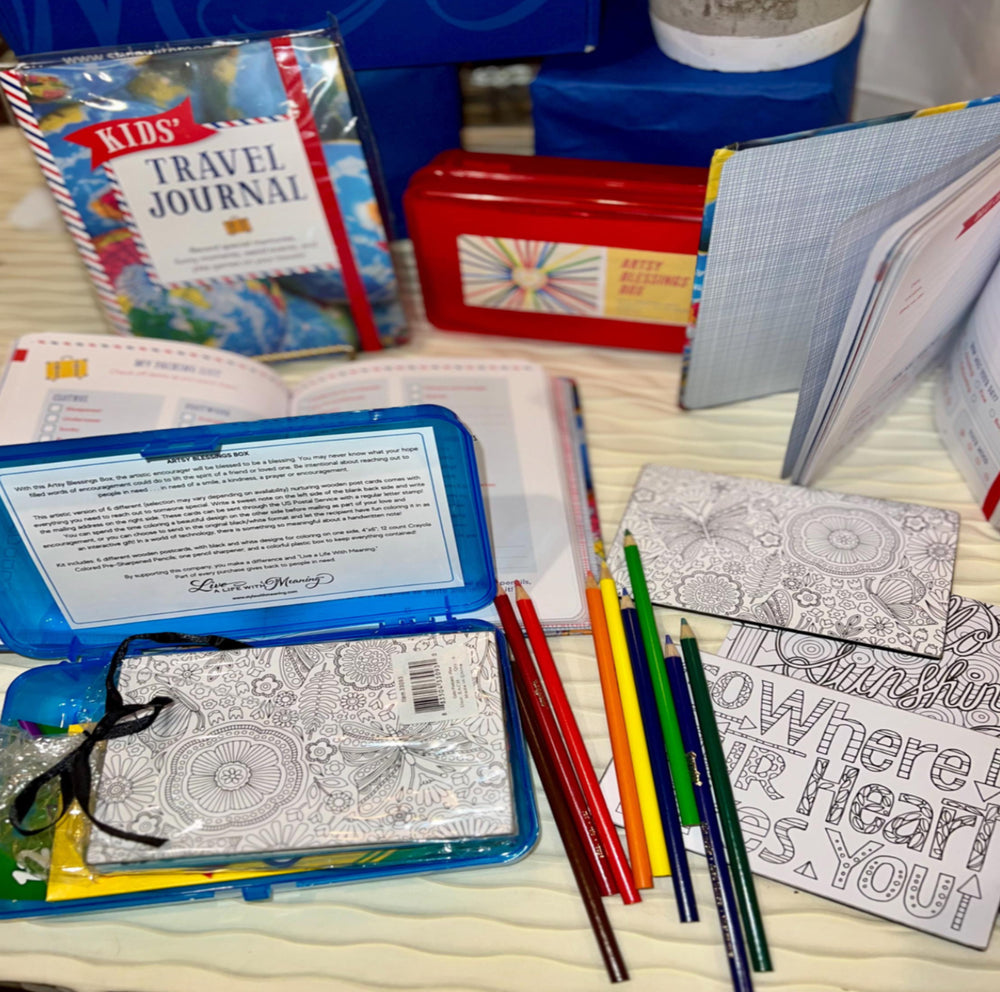 Kids Travel Adventure Journal & Artsy Blessings Box Gift Set with Wooden Postcards and Colored Pencils