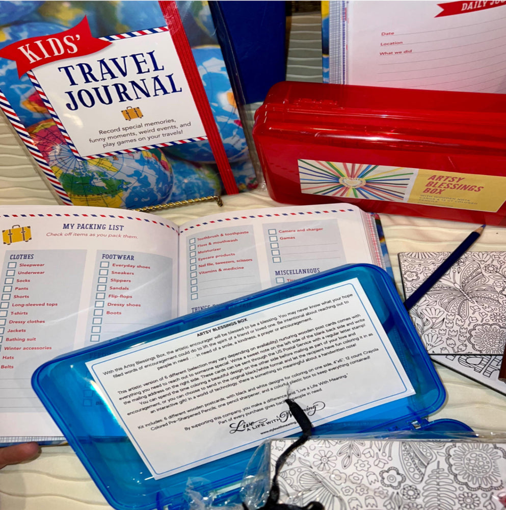 Kids Travel Adventure Journal & Artsy Blessings Box Gift Set with Wooden Postcards and Colored Pencils
