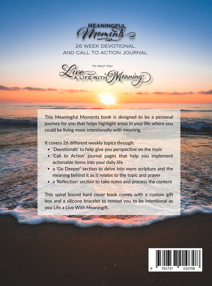 Back cover of a book titled 'Meaningful Moments' with a sunset over water design.