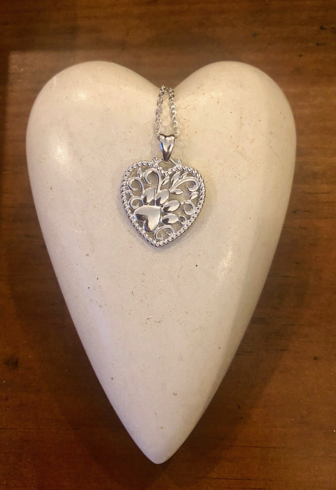 Paw Print Sterling Silver Heart Necklace